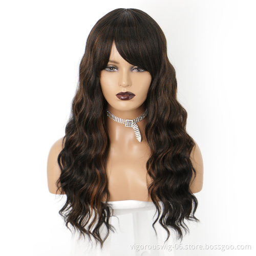 Vigorous Fashion Long body Wave Mixed Brown Side Part no Lace Front Heat Resistant Fiber For Black Women Synthetic Hair Wigs